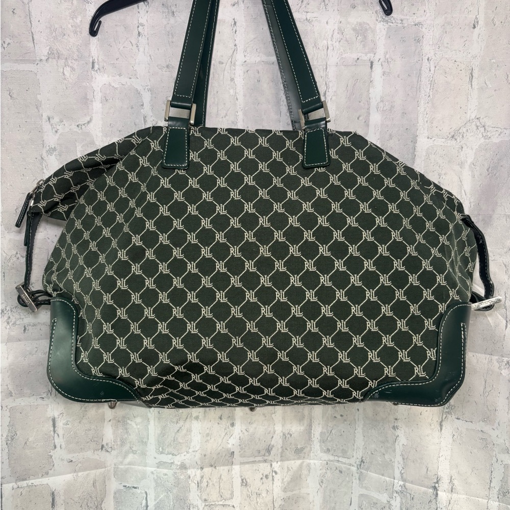 Lauren - Ralph Lauren Green Signature Print Footed Weekender Travel Bag